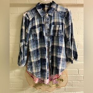 Blue plaid Aratta Lilac Obsession Shirt floral embroidered sheer overlay small
